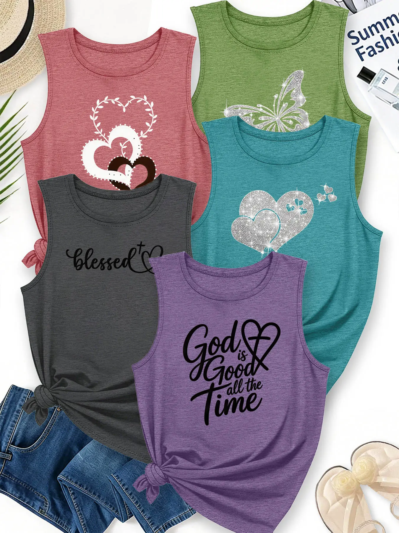 5Pcs Women Crew Neck Sleeveless Tank Tops, Glitter Heart Faith-style Healing Print, Multi-color Washable Spring Summer Top, Soft Skin-friendly Fabric Daily Versatile Fashion Design