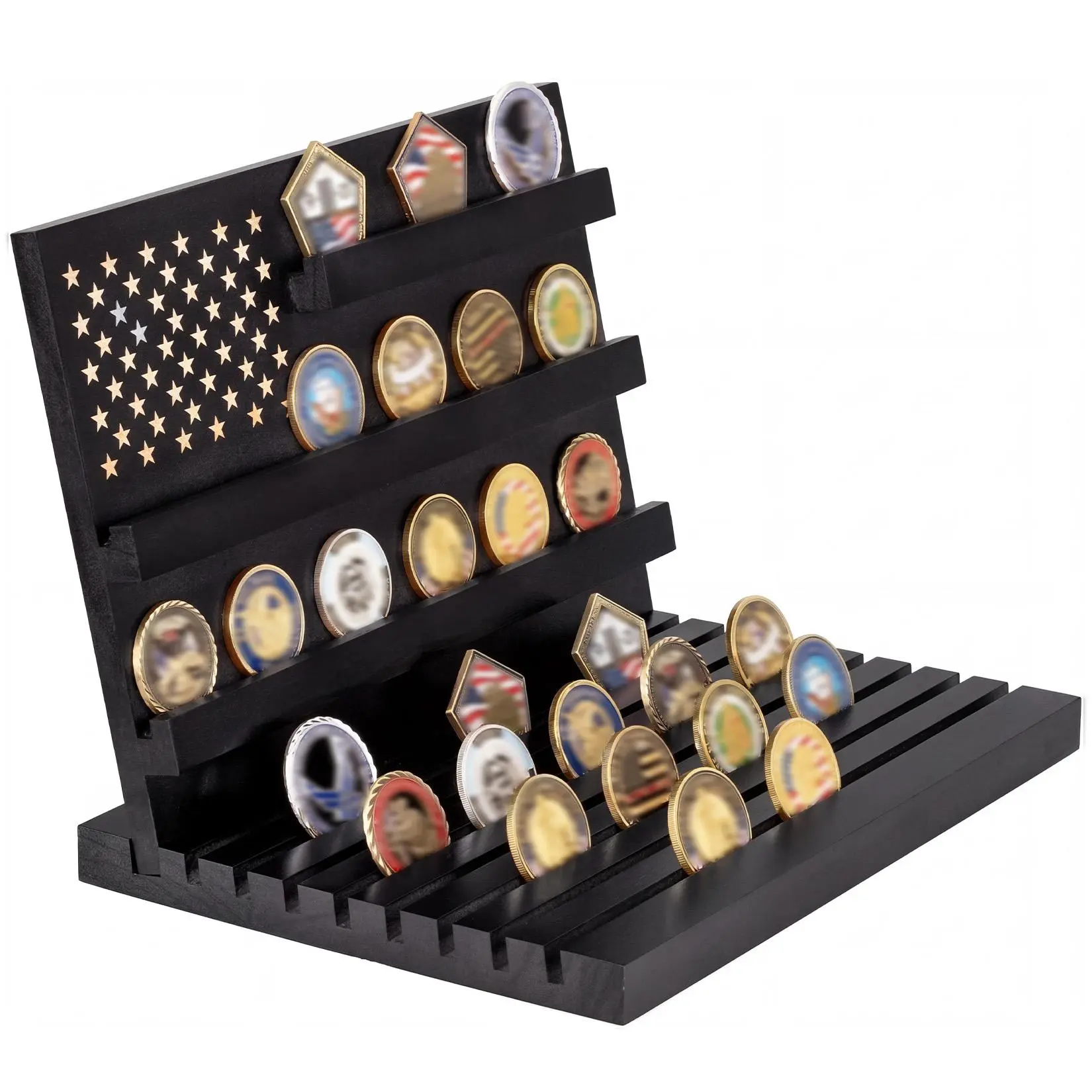 Military Challenge Coin Display Stand Walnut Wooden American Flag Coin Holder Rack Multi-Tier Commemorative Token Collectible Currencies Showcase Organizer Gift for Veterans Police Military Personnel Men Husband Dad Man Cave Decor
