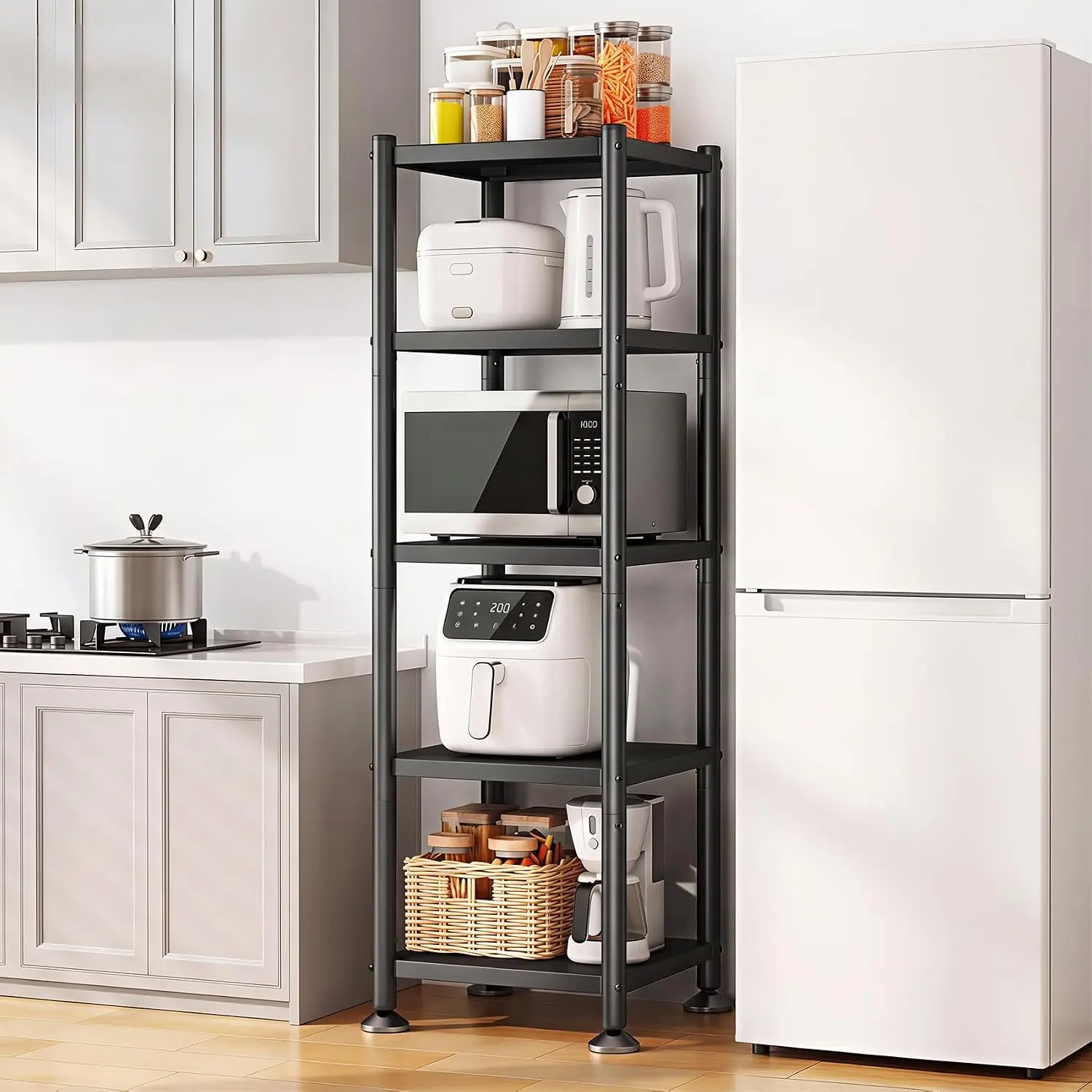5-Tier Kitchen Storage Shelves, Adjustable Metal Shelves for Storage Pantry Shelves with Rolling Wheels, Storage Rack Shelving Unit Organizer for Bedroom Laundry Closet