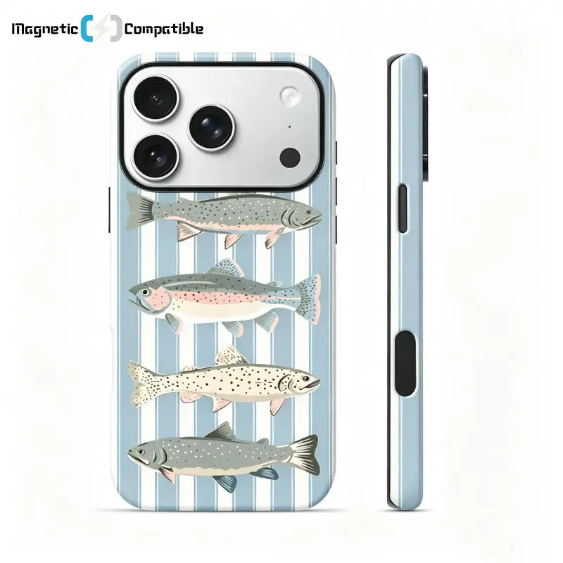 Dual Layer 2-in-1 TPU+PC Magnetic Phone Case, Anti-Fingerprint Minimalist Trout Fish Design for iPhone 17ProMax/16ProMax/16e/15ProMax/15/14/13/12