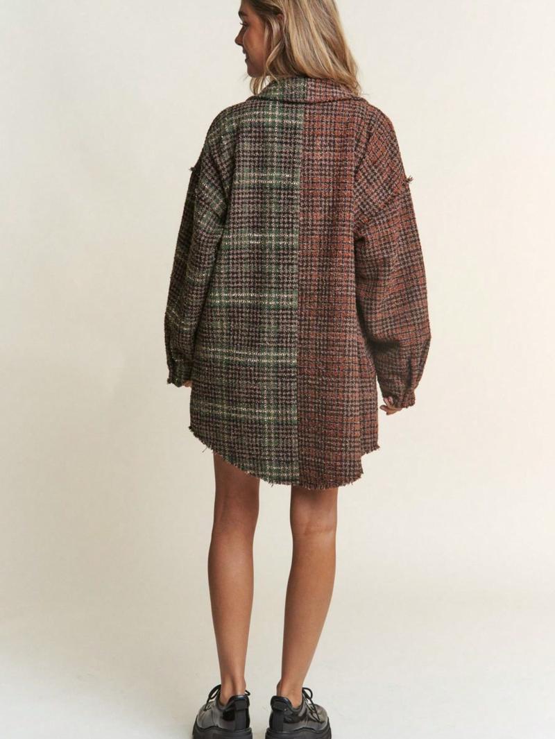 Women's Casual Jacket Vintage Snap Down Tweed Plaid Contrast Longline Shacket Misty Forest Long Sleeve Button-Down Oversized Fit Frayed Hem Comfy And Stylish Perfect For Spring/Fall/Winter Layering Everyday Wear.