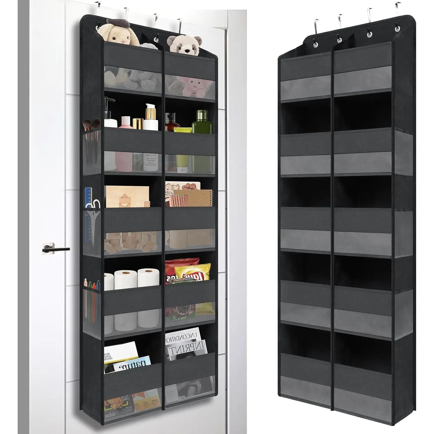 Black Over Door Organizer with 10 Large Clear Pockets - Double Row Hanging Storage for Closet, Bathroom, Nursery, Bedroom, Dorm, Toys, Cosmetics & Baby EssentialsGift