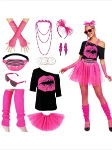 1980s Drop Shoulder T-Shirt Tutu Skirt Set Party Dance Performance Costume with Waist Bag Necklace Bracelet Earrings Foot Covers