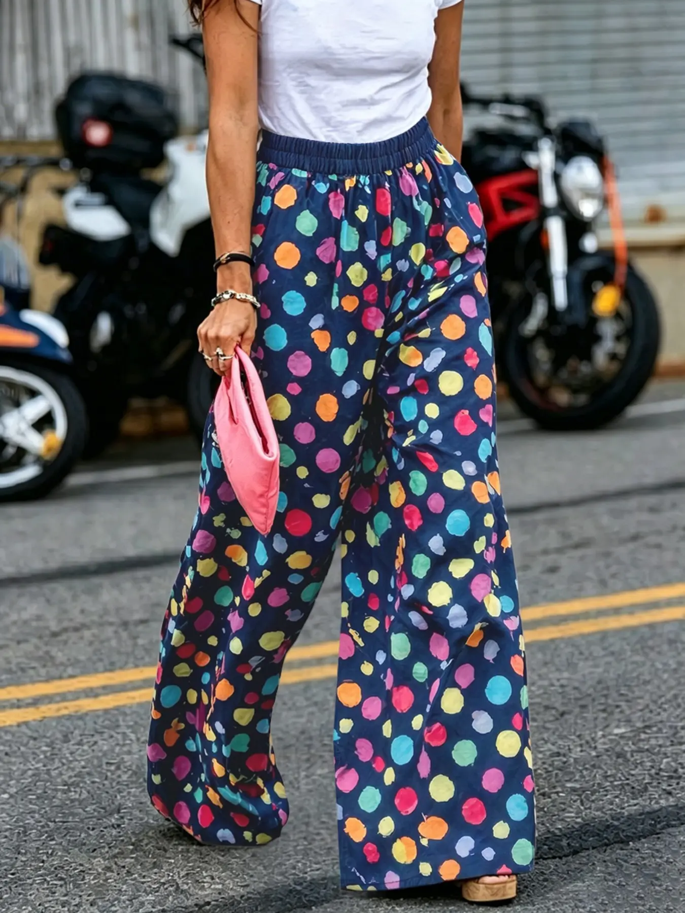 High-Waisted Loose Casual Chic Colorblock Polka Dot Print Elastic Wide Leg Pants with Pockets, Casual Comfy Trousers, Comfortable and Stylish Casual Bottoms for Daily Wear