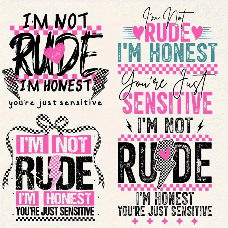 4Pcs I'm Not Rude Y2K Vinyl Patches Multi Color DIY Heat Transfer Stickers for Tshirt Backpack Pillow Fabric Crafting Accessories
