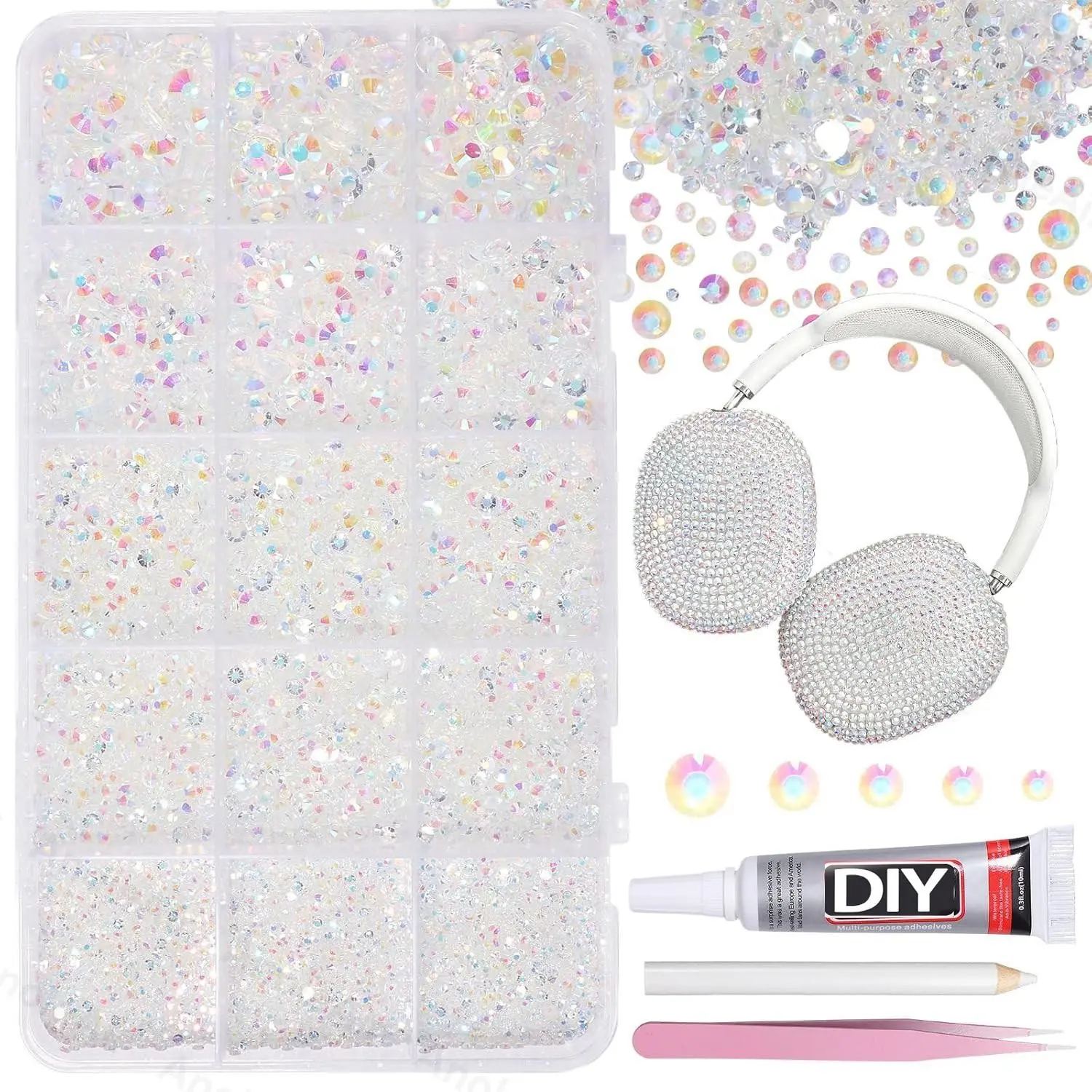 Ab Flat Back Rhinestones Set with  Tweezers and Dotting Tool, 15 Grids AB Crystal Rhinestones Kit & Pickup Tools, Clear Iridescent Flatback Rhinestones for Nails Art, Headphone，nail charms。ultimate creative gift for her,graduation gift,class of 2026！