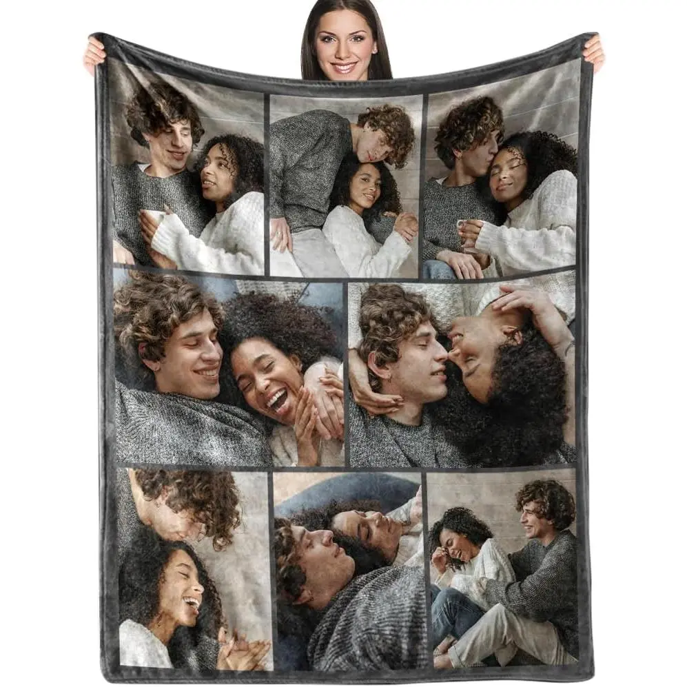 Custom Couple Photo Flannel Throw Blanket - Minimalist Black Frame, 8-Photo Collage, Soft Cozy Warm, Romantic Gift for Boyfriend Wife, Gifts for Girlfriend (Valentine's Day Anniversary Engagement) for Bed Couch