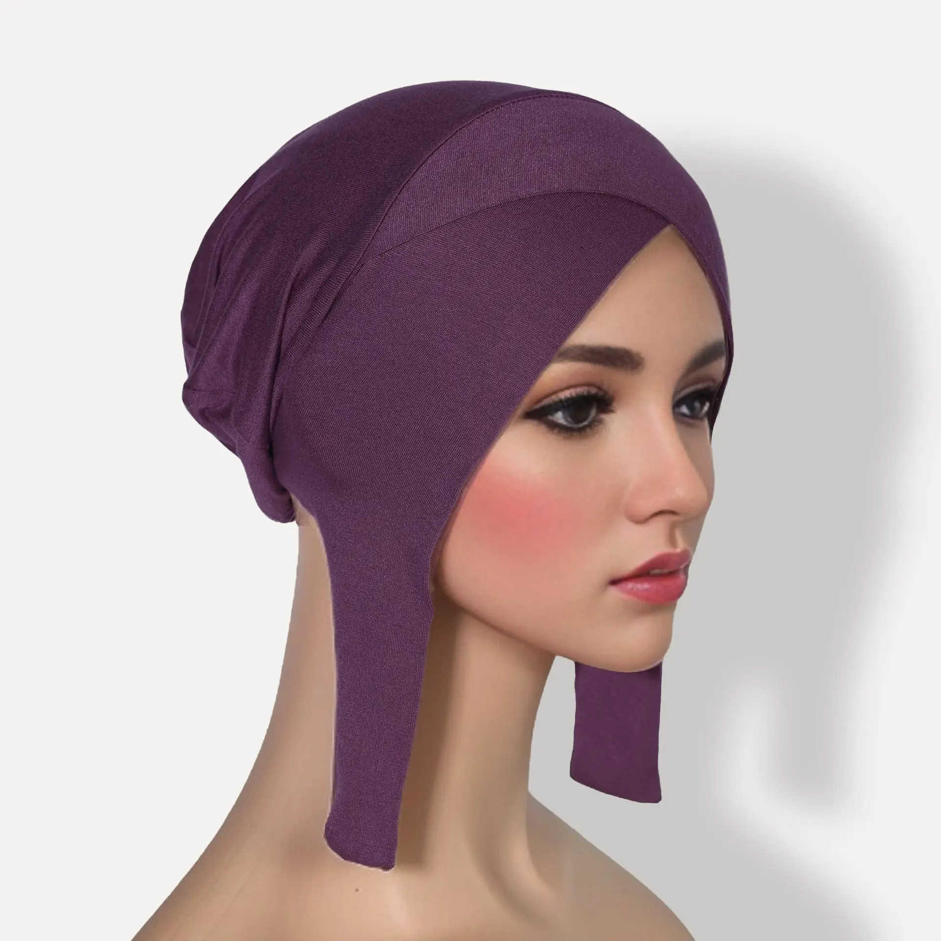 Effortless Cross Front Tie Back Jersey Turban Bonnet Cap Deep Purple Soft Breathable Hijab Underscarf Non Slip Hair Cover Daily Wear