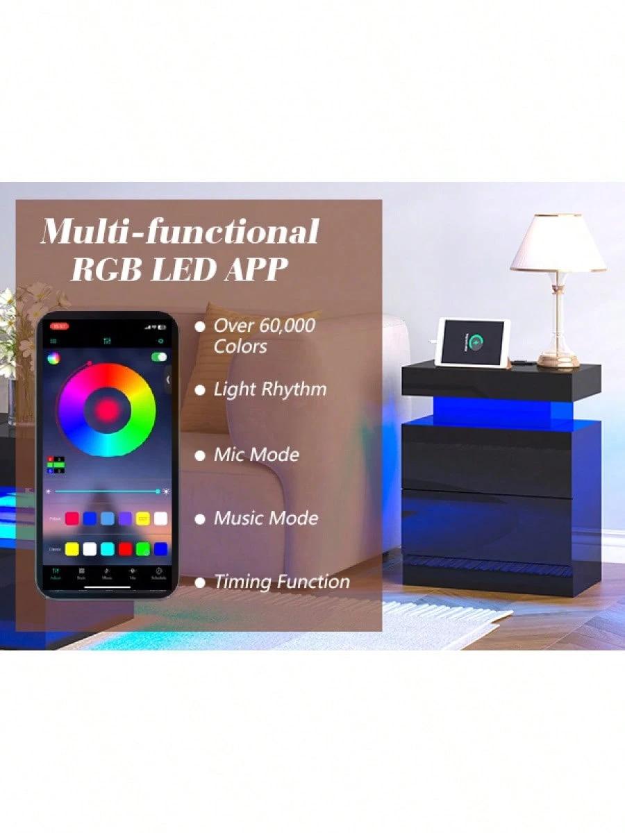 Modern Nightstand Set Of 2 With LED Lights And Charging Station, Side Tables With 2 Drawers And Open Storage Shelf, Stylish End Tables For Bedroom