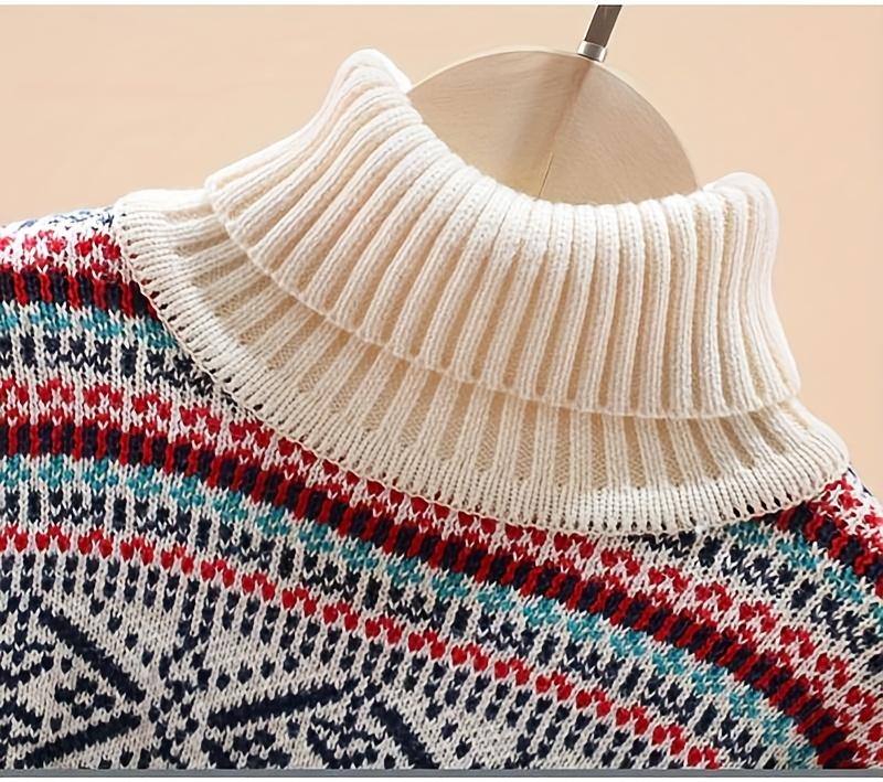 Autumn Winter New Seasonal Unisex Boys' & Girls' Sweater - Vintage Geometric Jacquard Pattern, Contrast Color Stripes, Long Sleeve Round Neck Pullover for Casual Outings, Cozy Knit Top, Casual Wear, Vibrant Pattern, Durable Knit