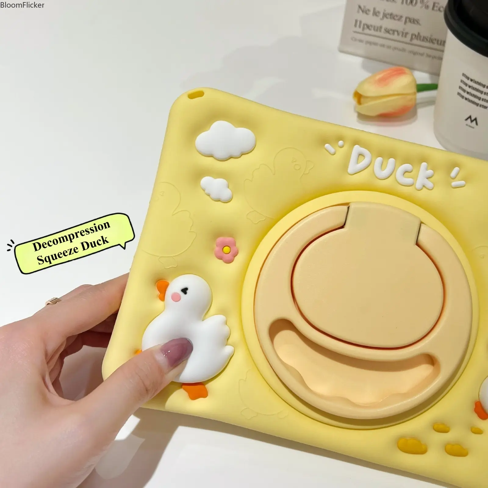 Cute Yellow Duck 360° Rotatable iPad Protective Case, Cartoon Shockproof Tablet Cover with Adjustable Stand, Compatible with iPad 10, 10.2", 11" & iPad Mini, Soft Anti-Drop Girly Tablet Shell for Students Daily Use