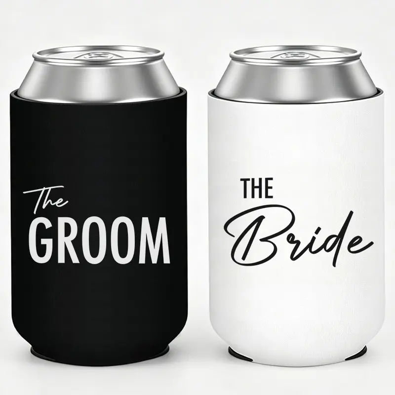 Funny Wedding Can Coolers  – “The Groom” & “The Bride” Insulated Can Koozies for 12 oz Cans, Humorous Thermocoolers Koozies for Cans, Hilarious Party Favors & Gag Gifts for Newlyweds, Drinkware