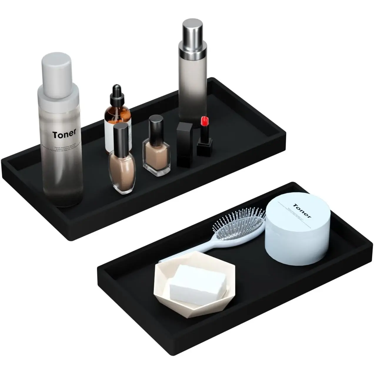 Bathroom  Tray 7.8 in - 2 Pack(Small)  Bathroom Tray for Counter, Perfume Key Trinket Ring Tray, Decor Soap Dispenser Countertop Tray for Kitchen Sink Organization (Black)
