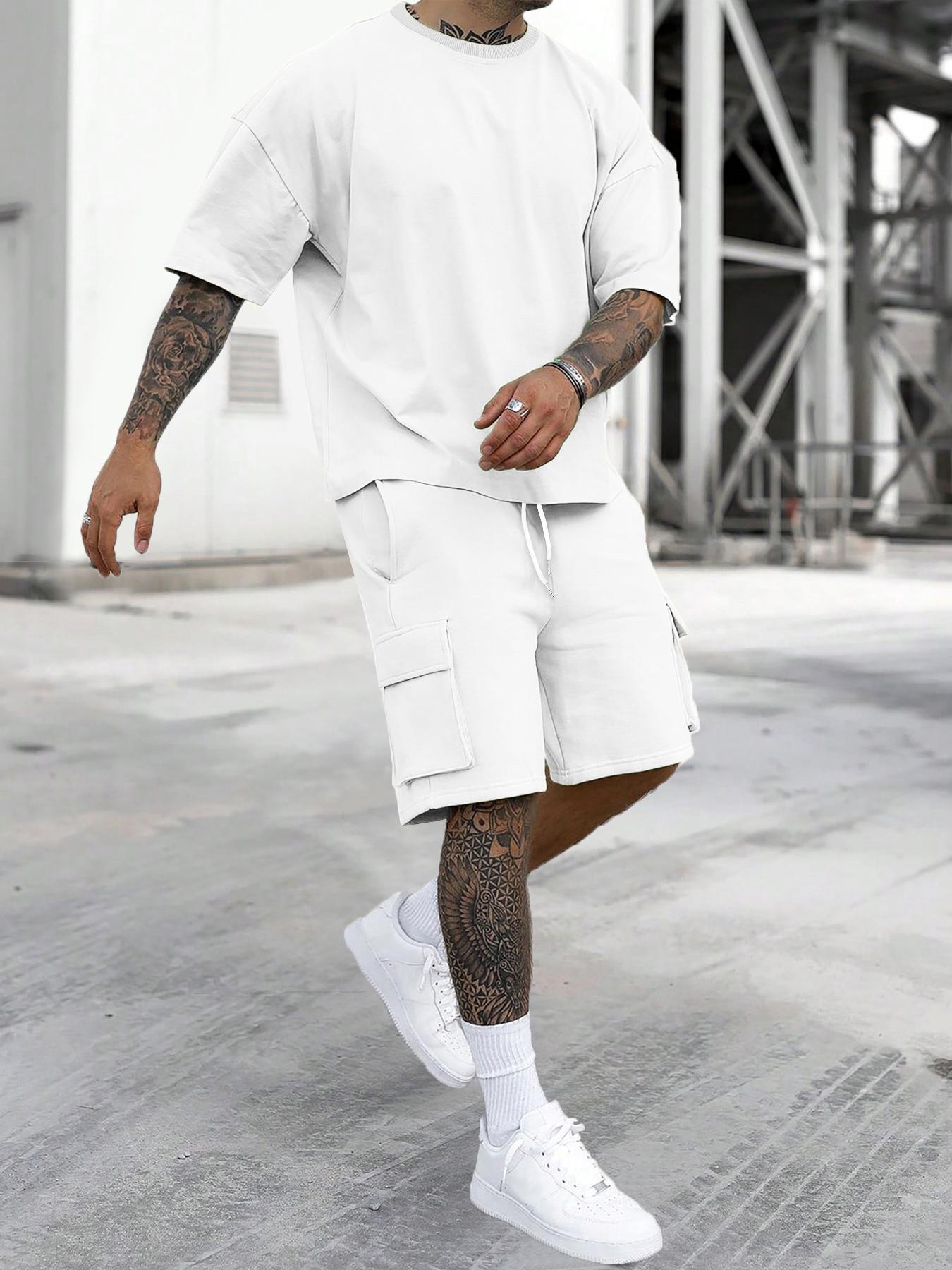 Men's Solid Color Tee & Drawstring Waist Shorts Loungewear Two-piece Set, Regular Fit Breathable Menswear and Soft Casual Comfy Round Neck Short Sleeve T-shirt & Pocket Shorts Pj Set, Men's Sleepwear for Summer