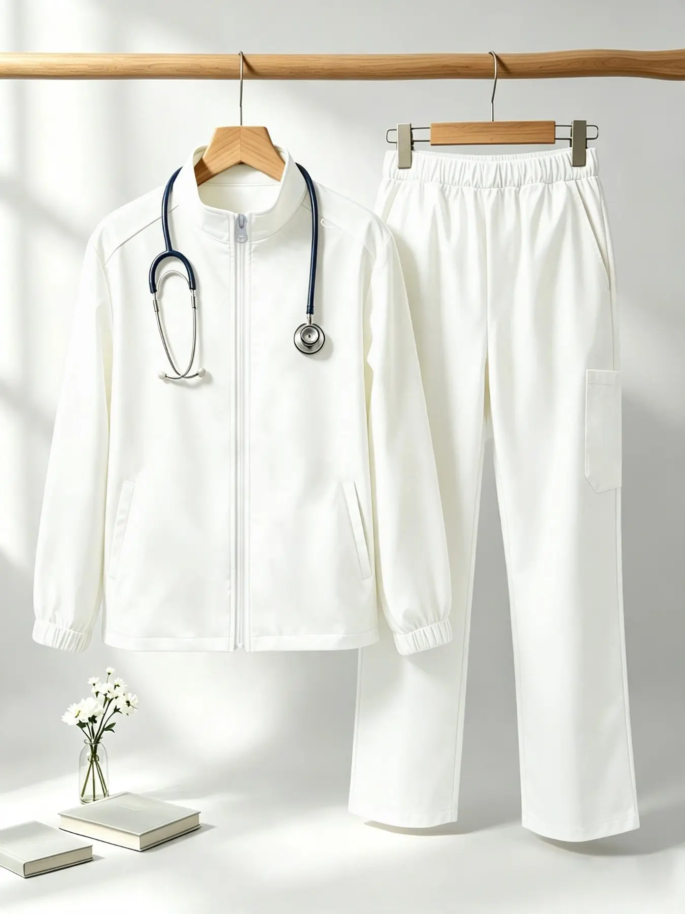 Zip-Up Stand Collar Medical Scrub Jacket Set, Elastic Waist Multi-Pocket Nurse Work Pant Suit, Long Sleeve Medical Uniform for Hospital Clinic
