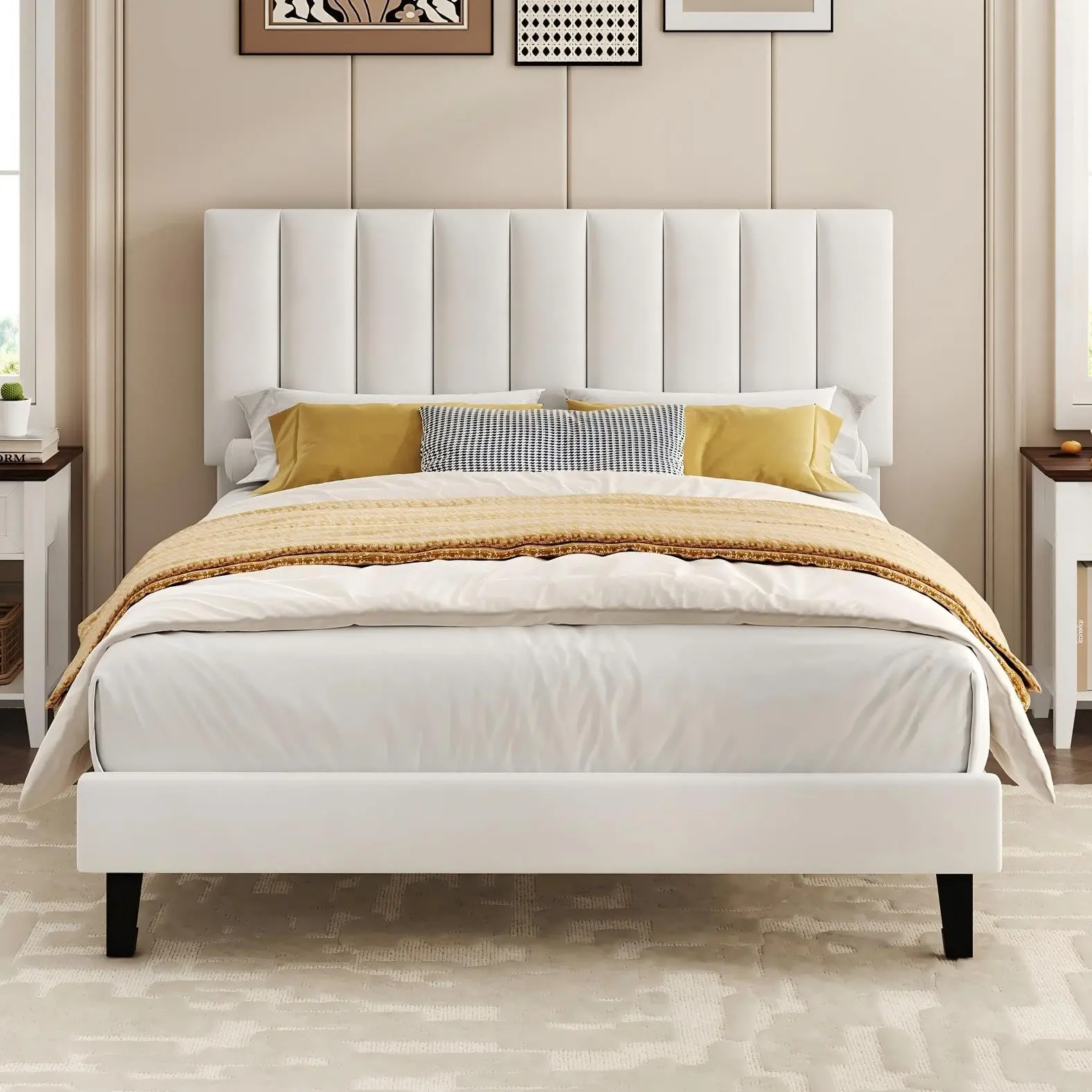 Garvee Full Size Bed Frame, Velvet Upholstered Platform Bed with Adjustable Vertical Channel Tufted Headboard, No Box Spring Needed, Easy Assembly, White