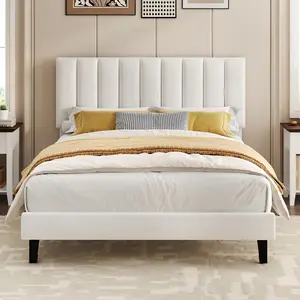 Garvee Full Size Bed Frame, Velvet Upholstered Platform Bed with Adjustable Vertical Channel Tufted Headboard, No Box Spring Needed, Easy Assembly, White