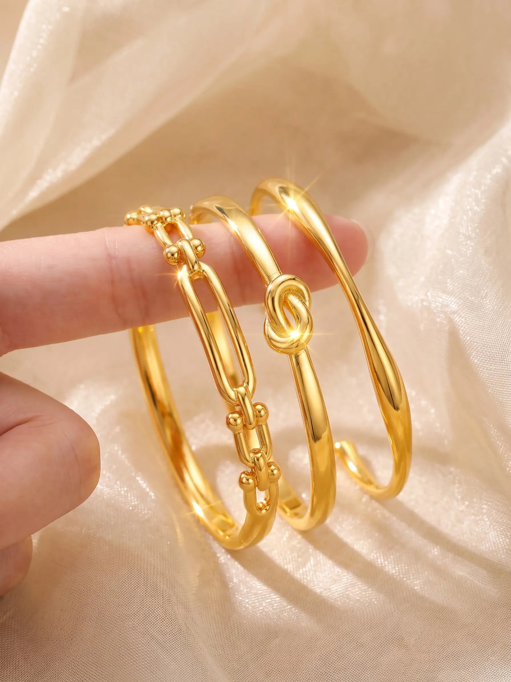 3-Piece Set French Luxury 18k Bracelets Bangles, Heart Knot Chain Design, Women's Stackable Jewelry, Perfect Gift