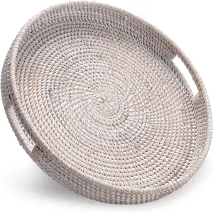 13.8 Inch Round Rattan Serving Tray with Handles, Whitewash Woven Wicker Tray, Decorative Coffee Table Ottoman Tray & Serving Basket