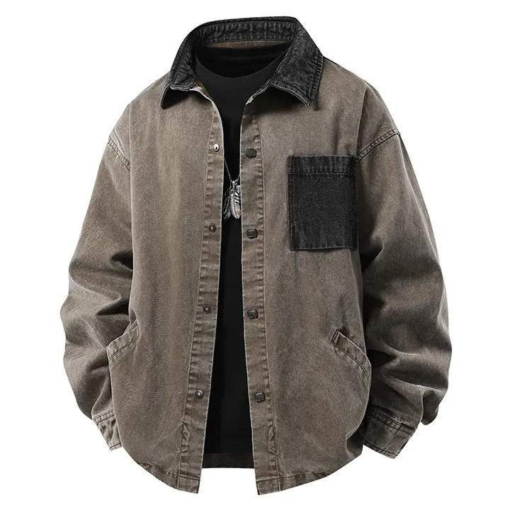 Men's Retro Washed Denim Jacket Coat, Casual Long Sleeve Workwear Tops with Contrast Pocket and Dropped Shoulders for Menswear, Coats, Stylish, Cotton