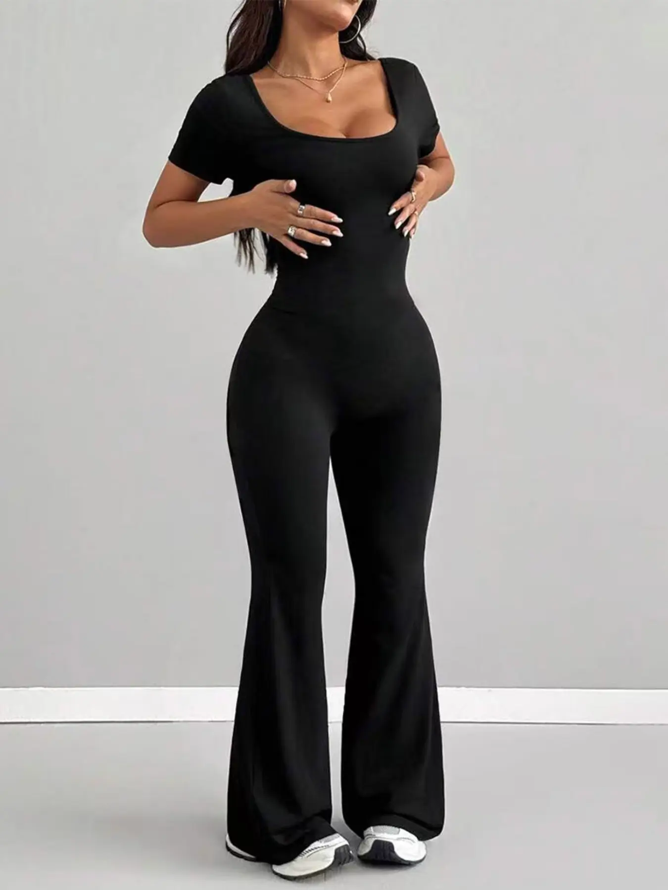 Women's Jumpsuit Bell Leg, Fashionable Versatile Solid Color Jumpsuit, High Elasticity Slim Fit Daily Wear, Stylish and Comfortable, Fitted Jumpsuit