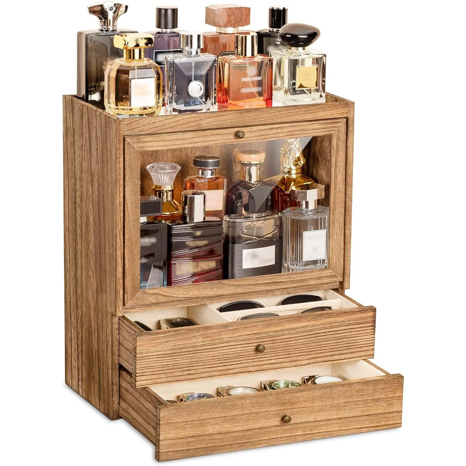 Cologne Organizer, 4 Tier Vertical  Perfume Stand for Men, Large Capacity  Perfumes Organizer Cologne Stand with Double Drawer Storage,  for Loved ones (Brown)