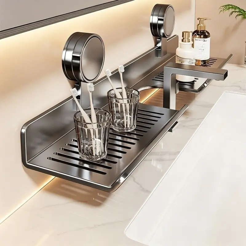 Suction Wall Drainage Bathroom Shelf, Organizes Vanity Supplies and Drains Water Fast, For Faucet Front and Mirror Wall, Thick Hollow Plastic with Strong Suction Cups, No Drill Skincare and Toothbrush Storage Rack