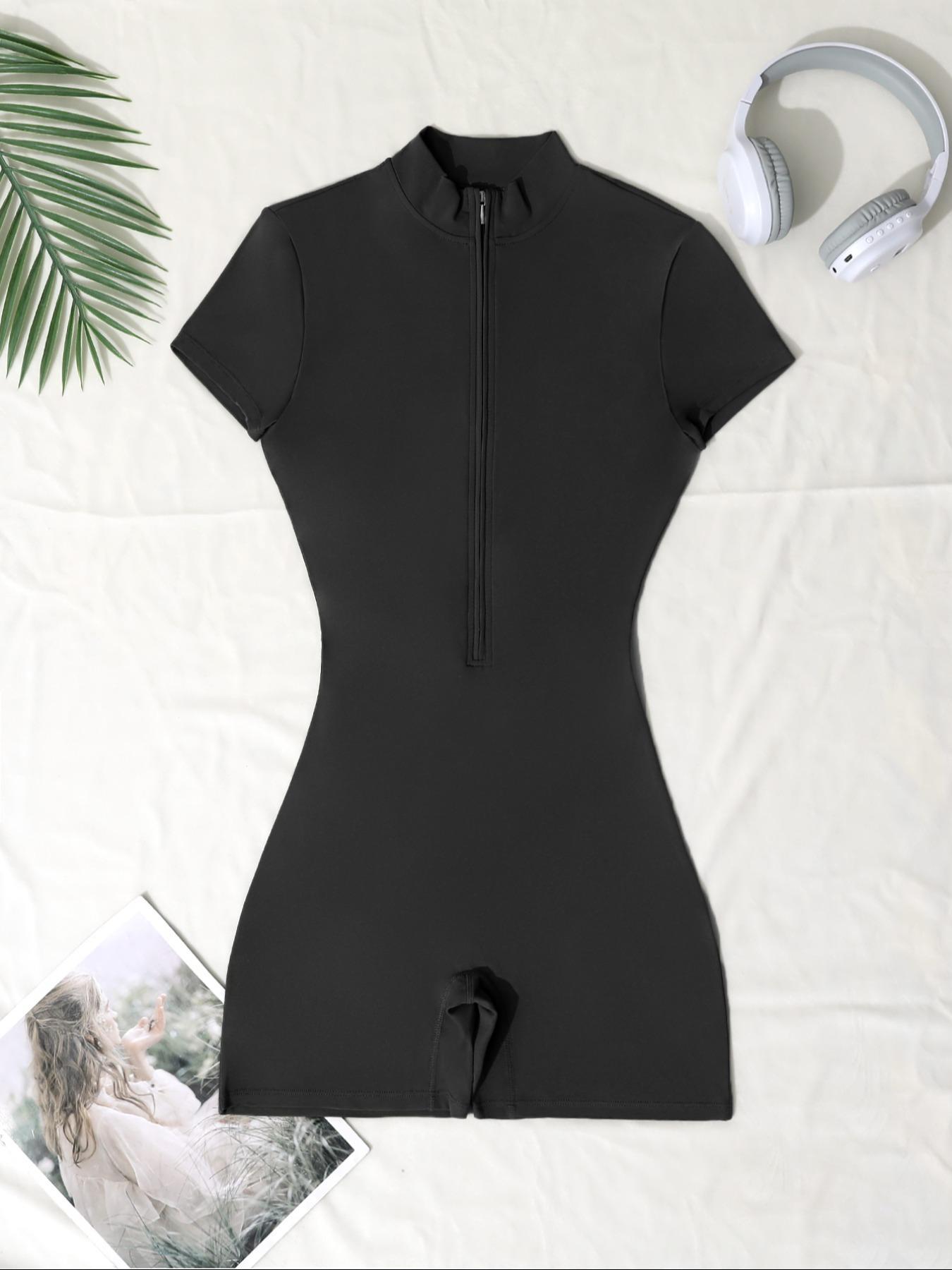 Women's Polo Neck Sporty Jumpsuit, Yoga Golf Tennis Pants, Casual Running Fitness One-Piece Half Zip Short Sleeve Top