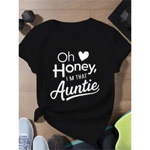 Plus Size - Plus Size - Wo Oh Honey I'm That Auntie T Shirt Funny Slogan with Heart Print Soft Blending Fabric Loose Fit Round Neck Casual Top Nontransparent Shirt Suitable for All Season Wear M, suitable for spring