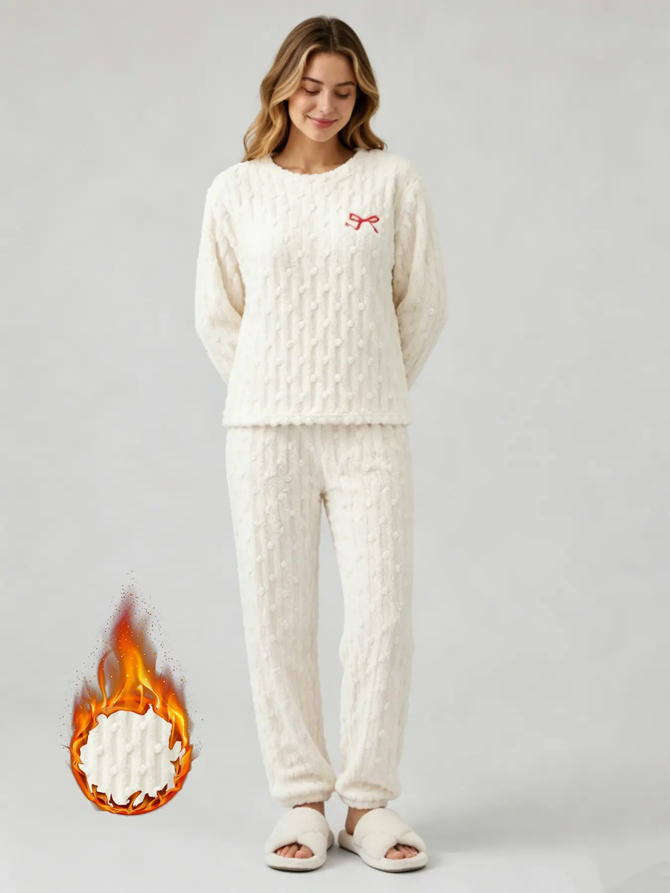 Women's Soft Plush Sleepwear Set, Round Neck Embroidered Bow Top and Cuffed Pants, Autumn Winter Home, Gentle Style, Pj Sets, Pajamas
