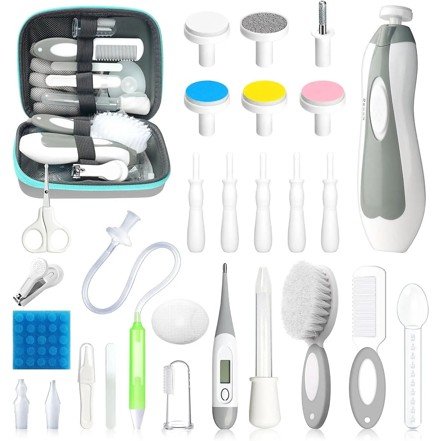 Baby Healthcare and Grooming Kit, 28 in 1 Portable Baby Essentials Kit Electric Nail Trimmer Set with Gas Relief Hair Brush Comb Nasal Aspirator for Newborn Boys Girls (Grey White)Gift.