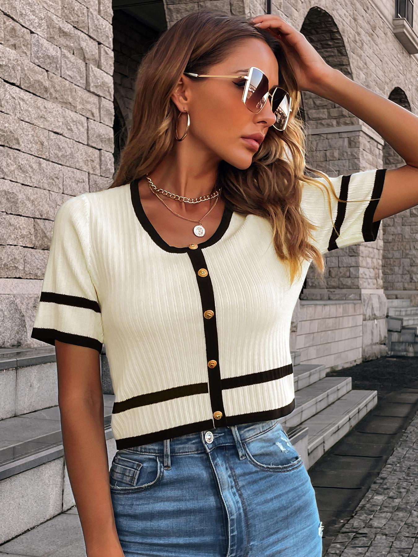 Women's Knit Casual Commuter Top, Lightweight Knitwear, Spring Summer Colorblock Square Neck Short Sleeve Button Fitted Regular Fit T-Shirt, Random Pattern, Knitwear Womenswear