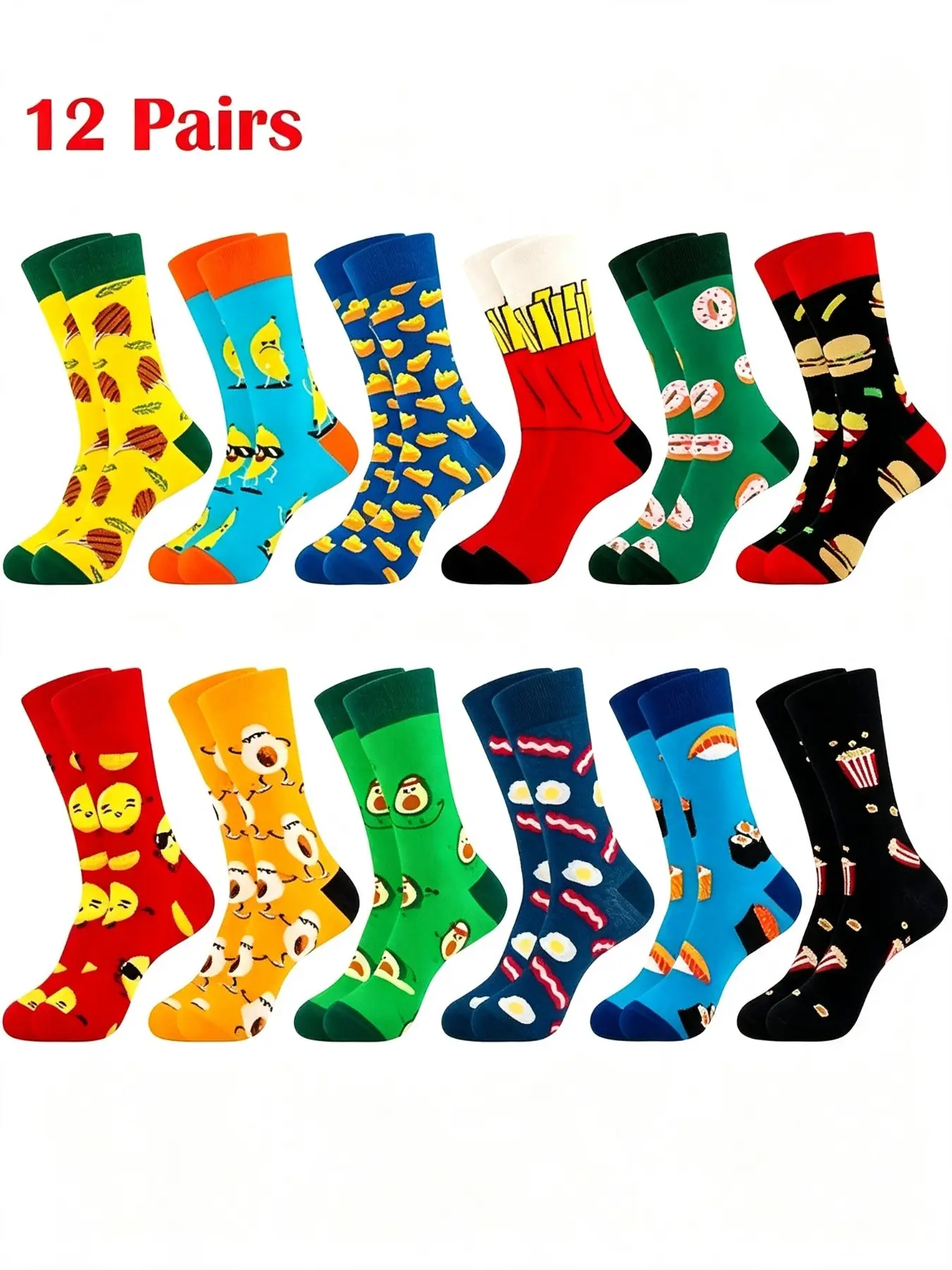 12 Pairs Men's Funny Food Theme Knitted Crew Socks Set, Burger Donut Popcorn Cartoon Design, Comfortable Breathable Fabric, Perfect for Daily Wear