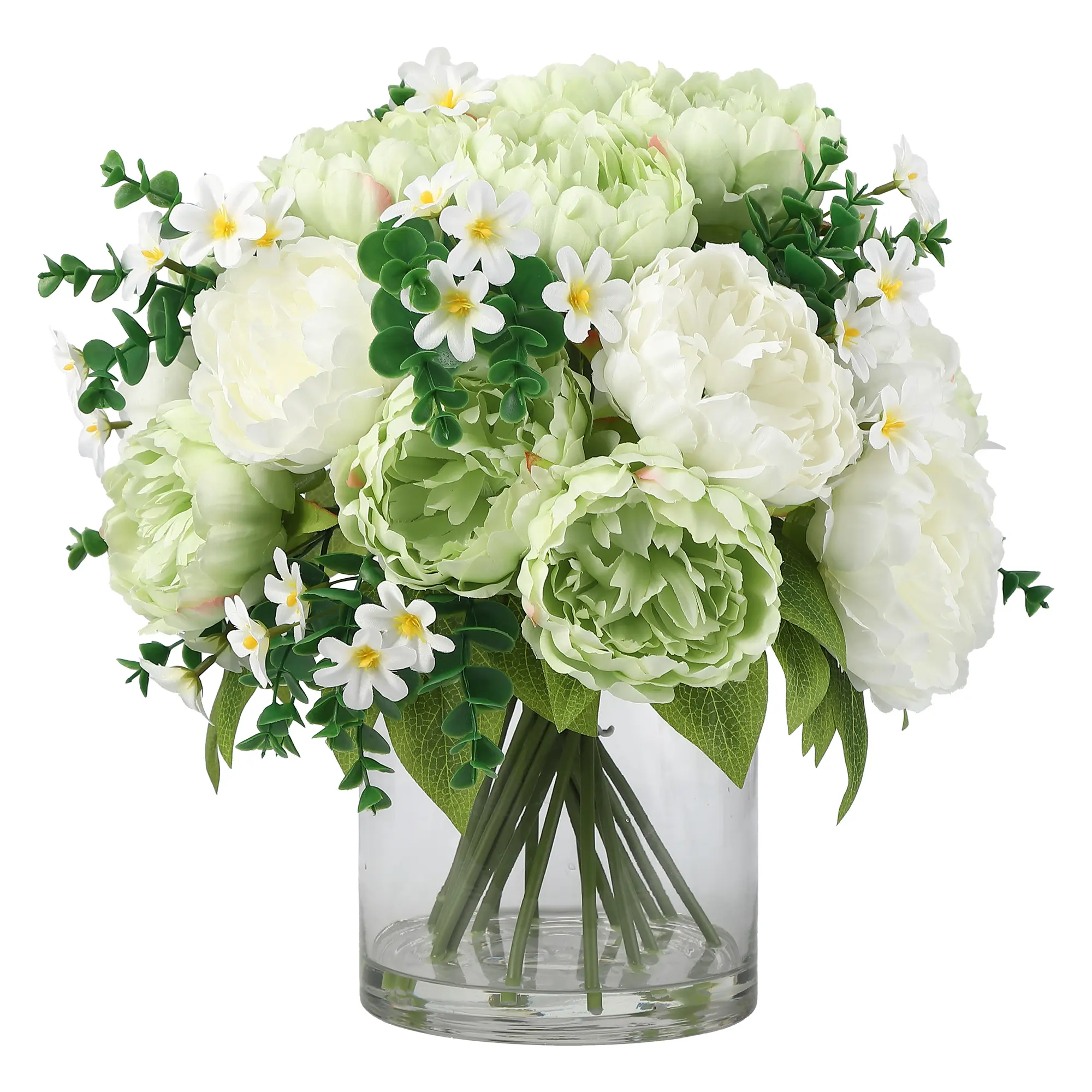 Artificial Peony Arrangement in Glass Vase – Real Touch Silk Peonies with Faux Water – Decorative Flowers