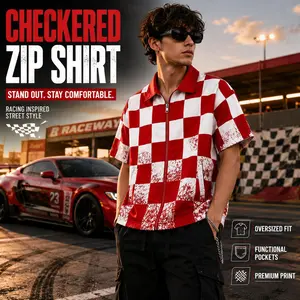 Checkerboard Zip Shirt – Bold Streetwear Tee Jacket, Short Sleeve, Oversized Fit