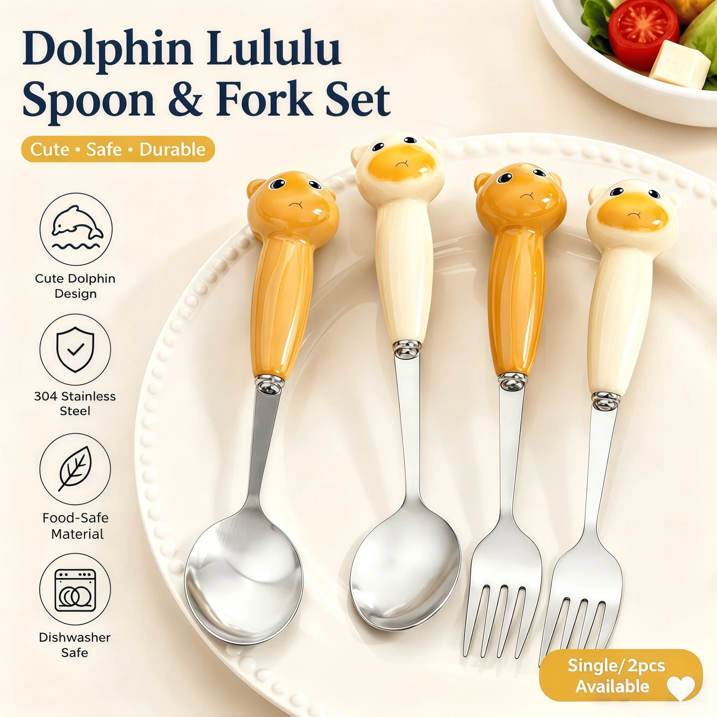 Cute Dolphin Handle Spoon Fork Set, 304 Stainless Steel Cutlery, Portable Mealware with Storage Box, Food Grade Safe Dining Tools, Durable Tableware