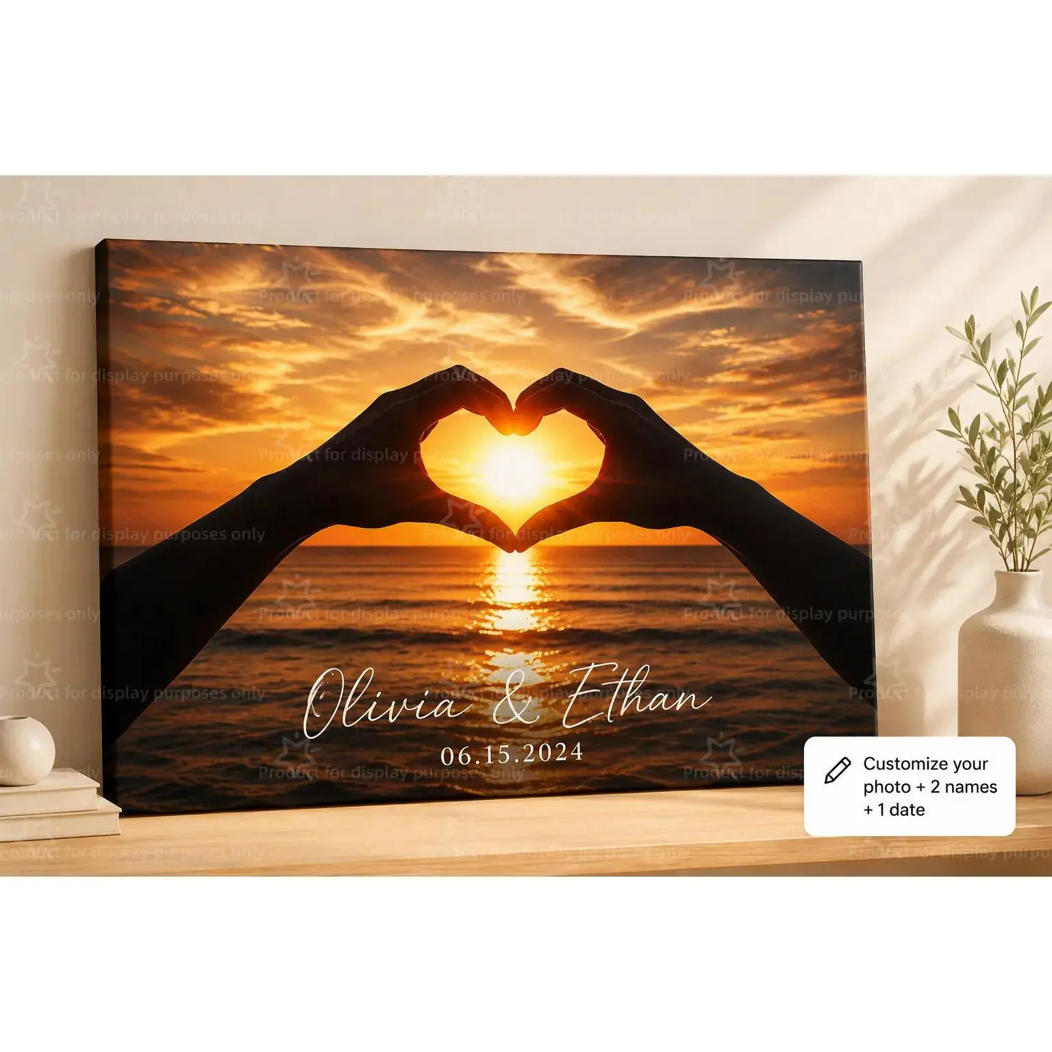 Custom Sunset Photo Couple Canvas Poster Personalized 2 Names Date Print, Romantic Heart Hands Wall Art, Anniversary Wedding Gift, Bedroom Living Room Decor, Aesthetic Poster Print, Custom Canvas Wall Decor