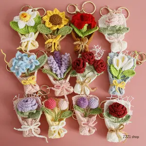 Handmade Crochet Mini Flower Bouquet Keychain Sunflowers Roses Knitted Bag Charm Cute Amigurumi Floral Keyring Backpack Decor Graduation Birthday Gift