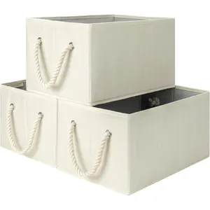 Storage Baskets for Shelves, Fabric Storage Bins, Closet Organization and Storage Basket, Foldable Organizer Bins for Clothes, Beige, White & Ivory, Large, 3-Pack
