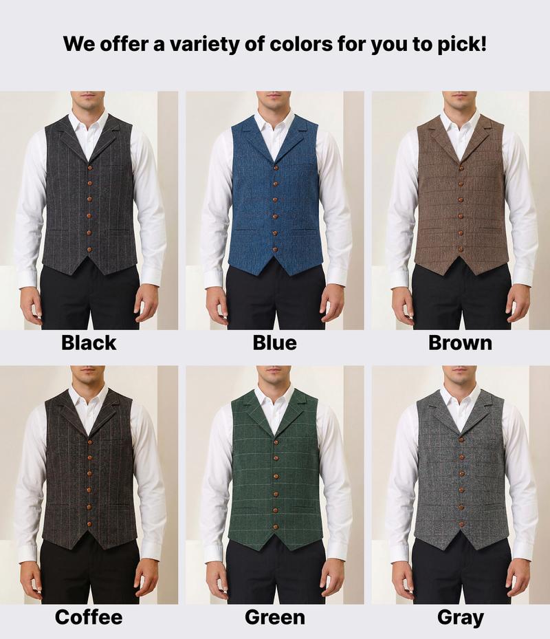 Men's Retro Tweed Vest Herringbone Wool-Polyester Blend Classic Formal & Casual Sleeveless Waistcoat Dress Fabric