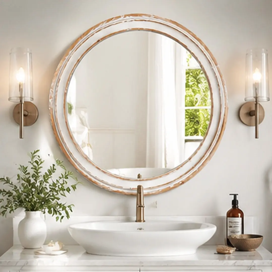 ARCH 23.62 Inch Round Wall Mirror, Farmhouse Wooden Circle Mirror for Bathroom Vanity, Distressed Whitewash Edge Decorative Mirror for Bedroom, Entryway, Living Room, Office, Antique Natural MDF Glass, Easy Mount, Antique Natural Color Options