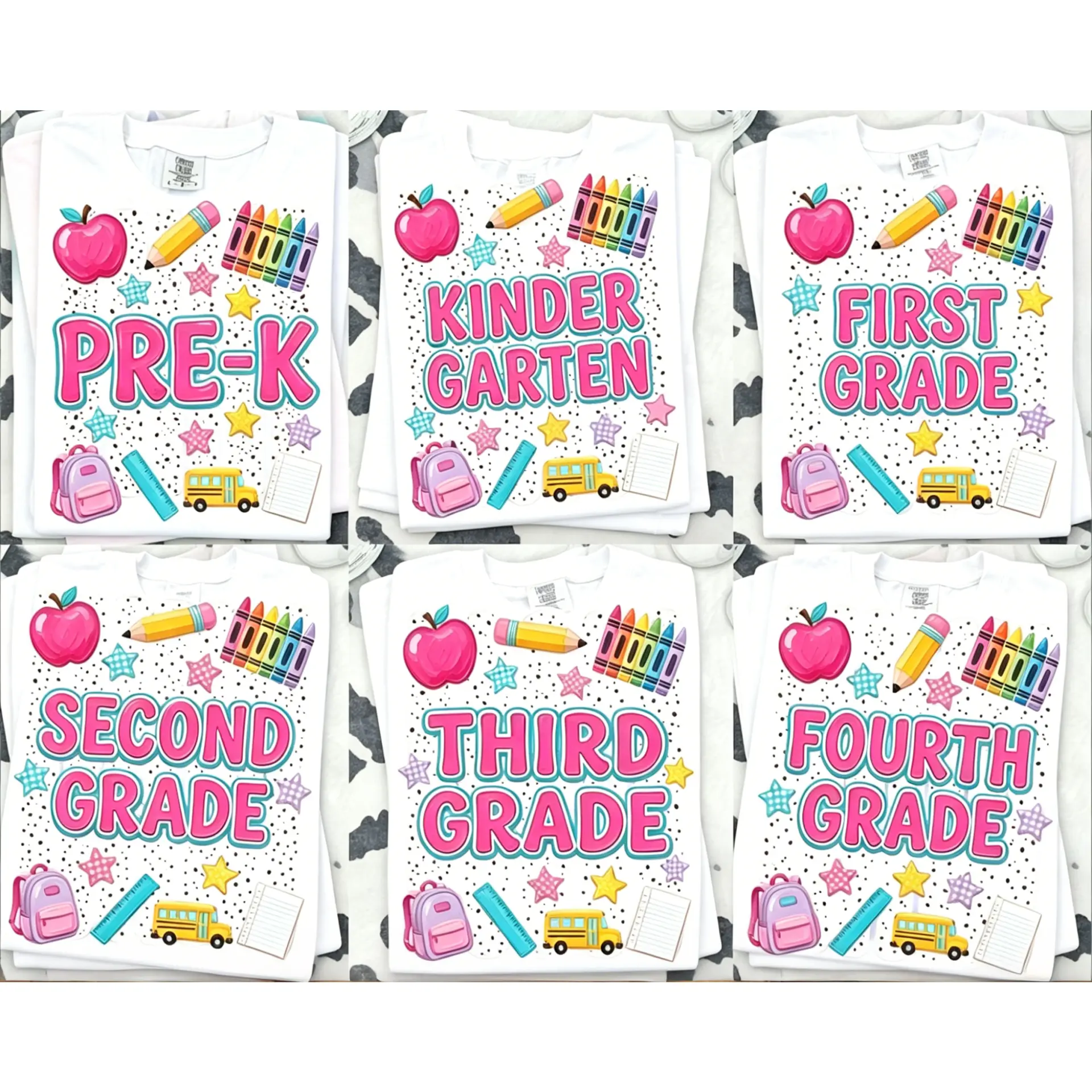Customizable Grade Crew Neck Tee, Soft Pastel Color Casual Short Sleeve T-Shirt For Boys Girls First Day Of School Classroom Outfit,Back To School Apple Crayon Bus Cartoon Graphic Short Sleeve T-Shirt #   TikTokMadeMeBuyIt #   TikTokShop # BackToSchool