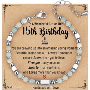 4mm Natural Stone Bracelet with Birthday Cards, 6-21 Year Old Birthday Gifts for Girls Daughter Granddaughter Niece Sister Women Friends.