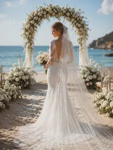 2m Cathedral-Length Beaded Bridal Veil,High-Quality Soft Tulle,Minimalist Pearl-Embellished Long Wedding Veil,Ideal for Beach or Seaside Elopement Photoshoots