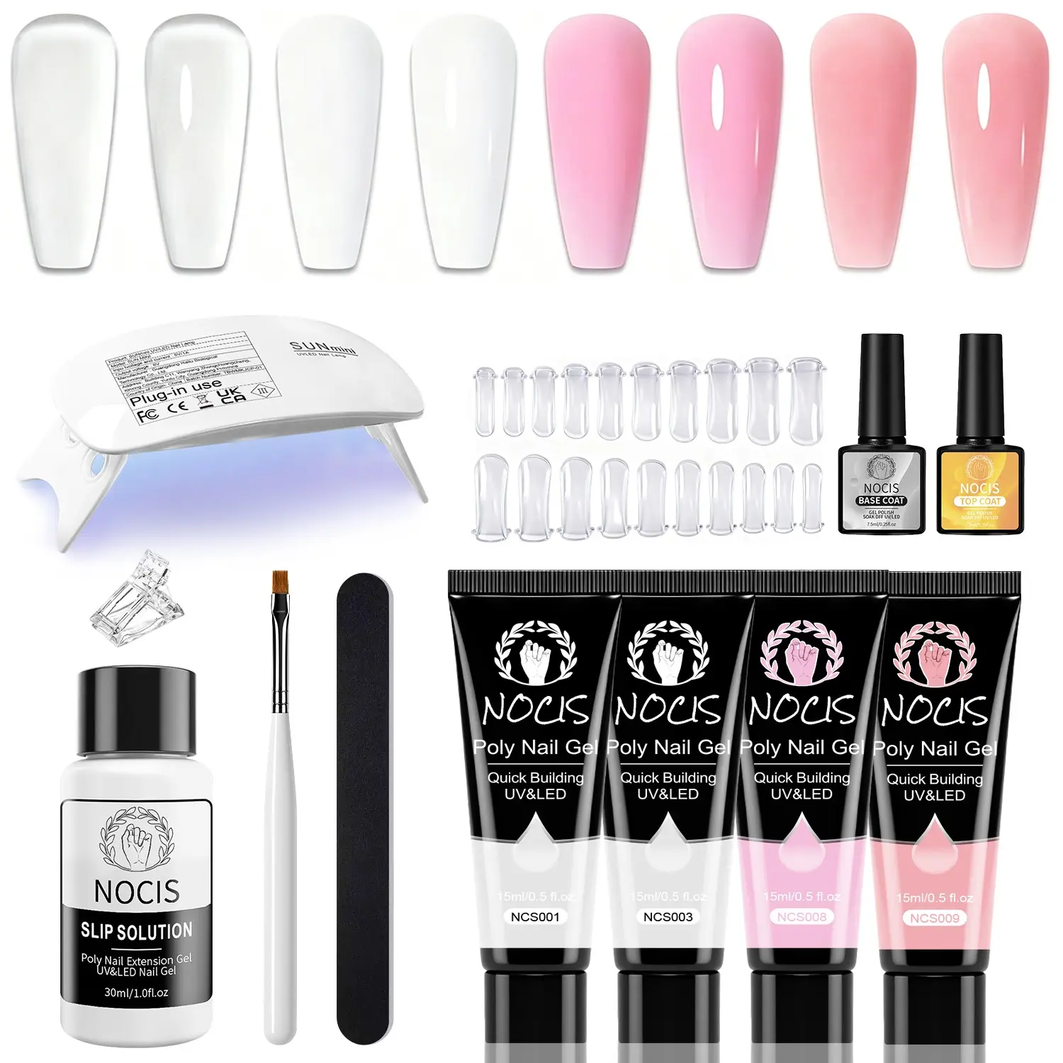 Nocis 4 Color Gel Extension Kit, Nail Extensions, 15g Tube, Transparent, Pearl, Nude, Includes Mini UV Lamp, Base Coat, Top Coat, Tools, Home DIY Nail Art Set