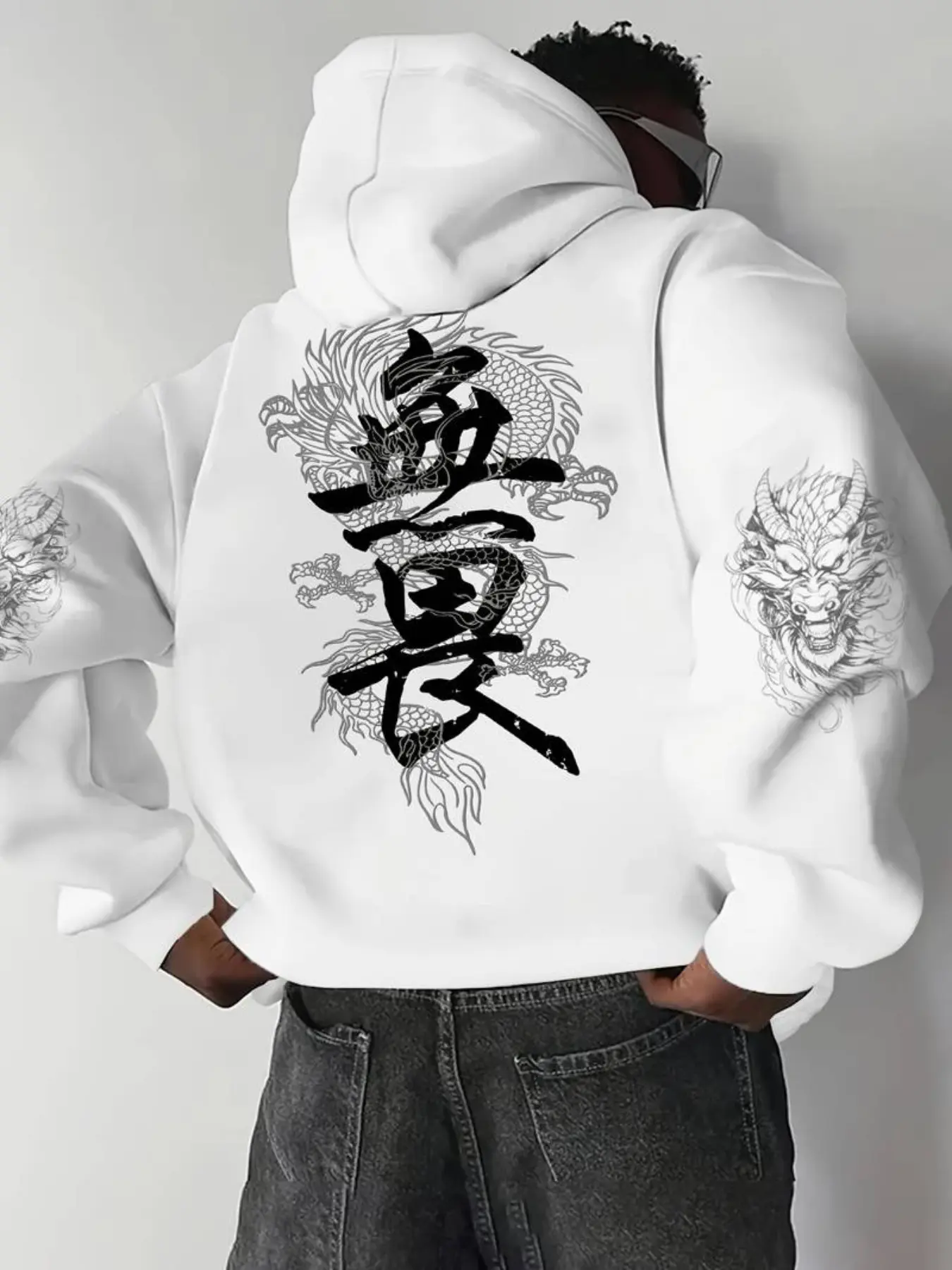 American Street Style Men's Loose Hooded Sweatshirt, Drawstring Pockets, Thick Soft Fleece, Dragon Pattern Back, Casual Fall Winter Top