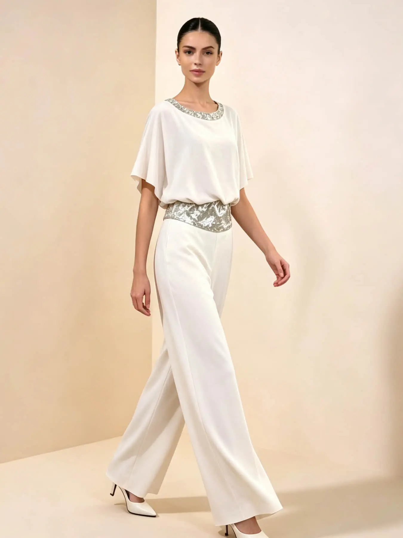 Two-Piece Women's Fashion Clothes Light Luxury Sequin Belted Set: Round Neck Silver Sequin Waistband Loose Hiding Body Long Wide Leg Pants Set, Suitable for Summer, Perfect for Evening Parties, Office Commutes, Vacation Trips, and Wedding Guests