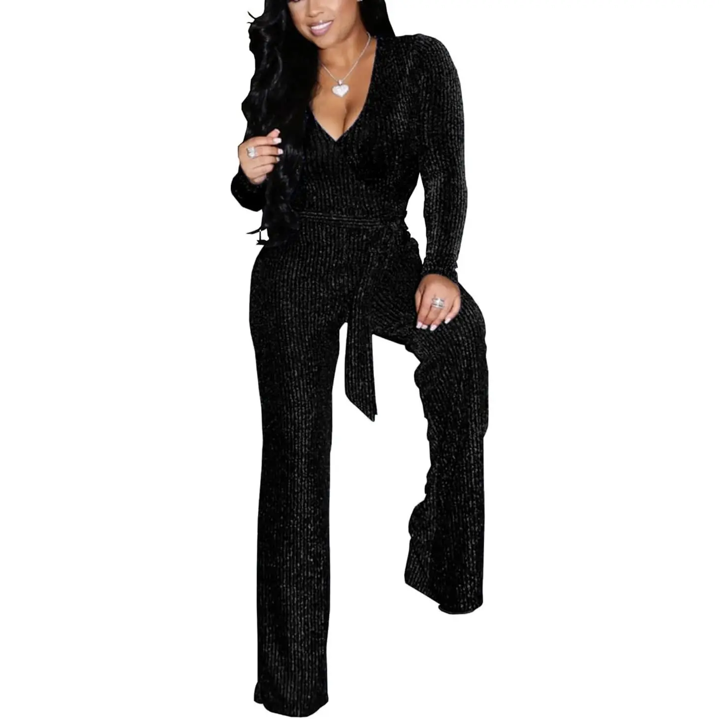 Women Casual Sexy V Neck Sparkly Jumpsuits Long Sleeve Onesie Loose Pants Party Clubwear with Belt