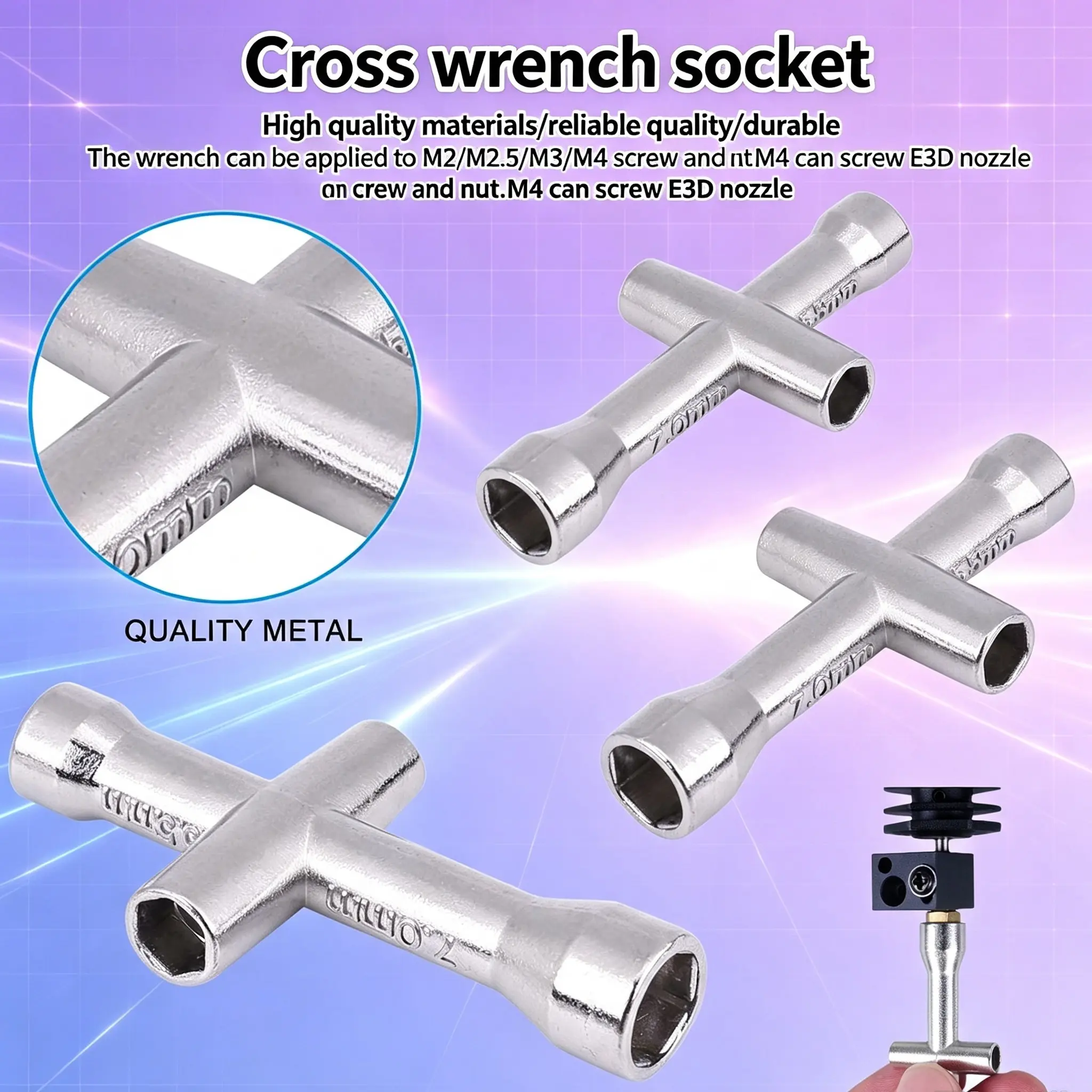 3D Printer Nozzle Tool 4in1 M2 M2.5 M3 M4 Screw Nut Hexagonal Cross Wrench For E3D V6 MK8 Nozzles Mini Spanner Cross Sleeves Durable Metal Tool