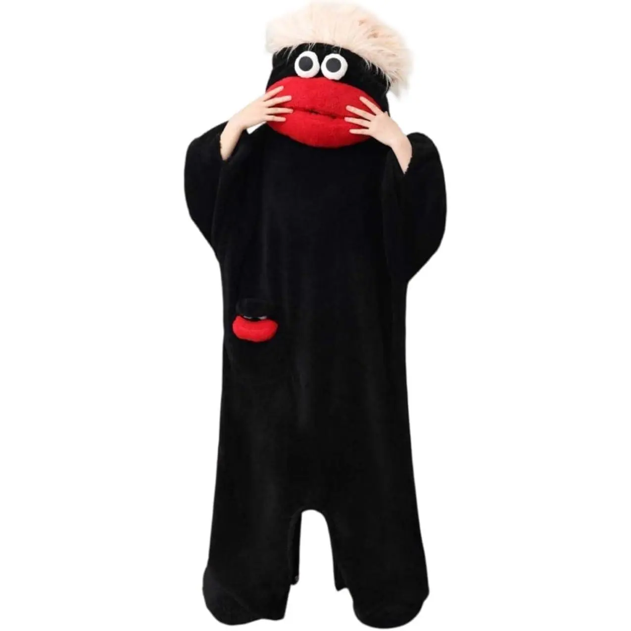 Halloween Adult Unisex Big Mouth Monster Costume Onesie, Soft Warm Coral Fleece Funny Hooded Pajamas with Giant Googly Eyes & Comb, Oversized Full-Body Long Sleeve Plush Sleepwear for Cosplay Pajama Party Sleepover Home Loungewear & Holiday Gift "
